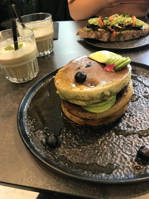 Avocado and blueberry pancakes. Avocado roasted veggies and pesto on toast. Avocado smoothies  at The Avocado Show in Brussels