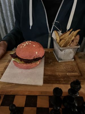 Vegan burger with fries  at The Open Kitchen in Monteverde