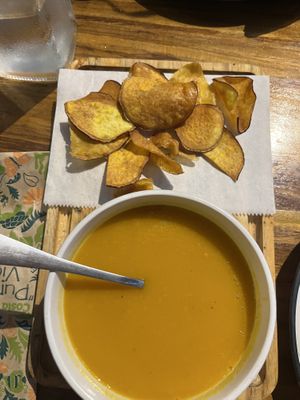 Orange soup (pumpkin, sweet potato, carrot, ginger, coconut milk, etc.) Lovely!!  at The Open Kitchen in Monteverde