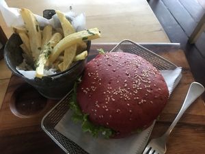 Vegan burger  at The Open Kitchen in Monteverde