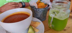 Vegan azteca soup, yucca fries, mint lemonade at The Open Kitchen in Monteverde