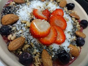 Acai Bowl with added strawberry. at Alkalicious Cold Pressed Juice Bar in Chesapeake