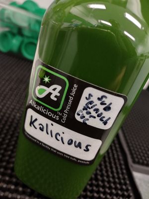 Kalicious green juice with added spinach at Alkalicious Cold Pressed Juice Bar in Chesapeake