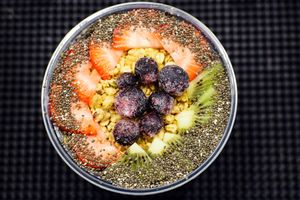 Having a craving for something cold, sweet and guilt-free? This is our Strawberry Kiwi Bliss Bowl. We also offer Acai Bliss Bowl and Banana Cacao Bliss Bowl.  at Alkalicious Cold Pressed Juice Bar in Chesapeake
