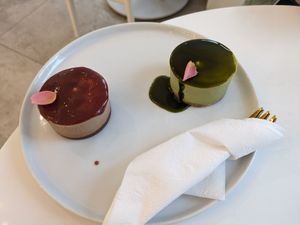 Au cacao with strawberry sauce, matcha at Planthropie in Birmingham
