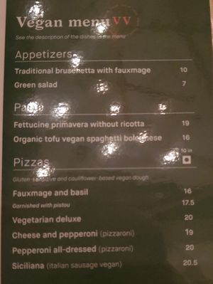 Vegan menu (poor quality, sorry) at La Piazzetta in Quebec