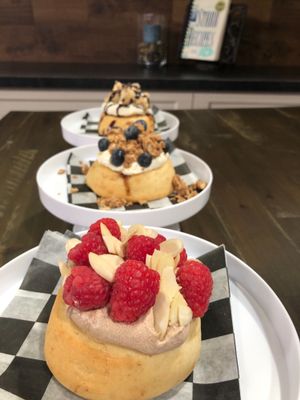 Raspberry dream, blueberry pie and Cookie Monster rolls from a Cinnaholic Knoxville  at Cinnaholic  in Knoxville