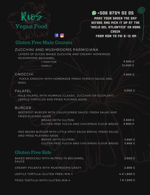 Menu at Rios Vegan Food in Puerto Viejo De Talamanca