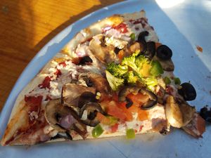 Pizza with vegan cheese. at Pizza Barn in Kernville