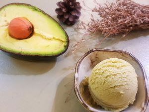 Avocado icecream with coconut milk .So yummy, so natural. at Om La Mai in Chiang Rai