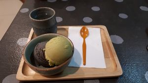 Avocado and black sesame vegan icecream at Om La Mai in Chiang Rai