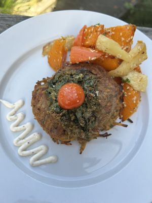 Vegan fritter with roasted roots  at The Suter Cafe in Nelson