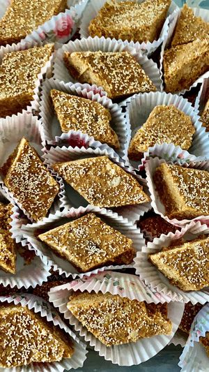 Fenugreek and too many to mention ingredients sweet.  100% Vegan. 
Available to buy per piece or as a presentation box.  

Each piece is packed with goodness.  at Delhish in Oxford