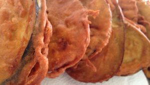 Bhajiya. 
Tampura. 
Chick batter surrounding vegetables. Deep fried to an exquisite crunch. With a hint of spice.  at Delhish in Oxford