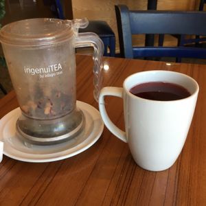 daily special raspberry herbal tea in crazy cool ingenuiTea steeping vessel.  at Leafy Greens Cafe in St Petersburg