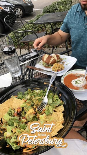 Huge taco salad, burger & tomato soup at Leafy Greens Cafe in St Petersburg