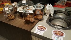 Vegan cookie options and soups labeled as vegetarian, dairy free, etc. at Hunter Gatherer in Shanghai