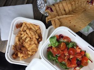 mac n cheeze with parsnip ‘facon' at Roots & Shoots Cafe in Bath