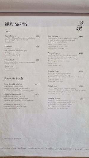Menu at Salty Swami's in Hikkaduwa