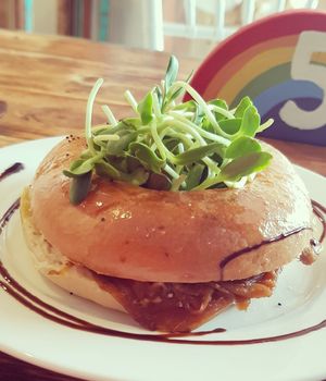 Smoked leek and cream cheese bagel at Rainbow Kitchen in Mullumbimby