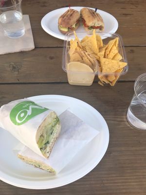 The Mediterranean panini & avocado toast with tomatoes. Also nachos. at AVO Cafe in Santa Monica