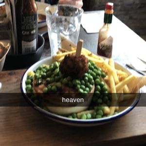 Vegan ‘chicken’ pie with peas and chips  at Pieminister in Birmingham