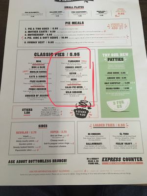 Veggie & vegan options for pies encircled in red  at Pieminister in Birmingham