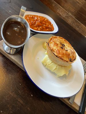 Mooless pie, mash, gravy and Smokey BBQ Beans at Pieminister in Sheffield