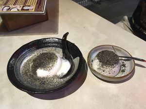 Almond milk pudding with sesame seeds sauce vs. sprinkle at Yuán Xìng XìngRén Chá 原杏杏仁茶 in Taipei