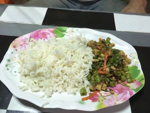 Stir fried ‘chicken’ or ‘pork’ Basil with Rice (50 bht) at Mhee Yim Vegetarian Food in Hua Hin