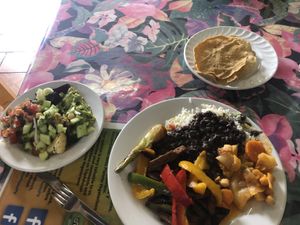 Soya beef fajitas, salad with guacamole, rice and beans, chickpeas, tortillas, broccoli  at Planeta Vegetariano in Puerto Vallarta