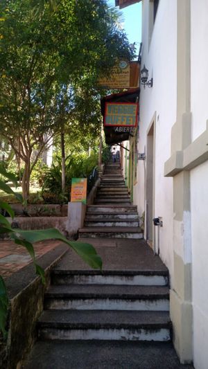 Exterior image, coming up the street stairs towards entrance. (tough to find if coming from above) at Planeta Vegetariano in Puerto Vallarta