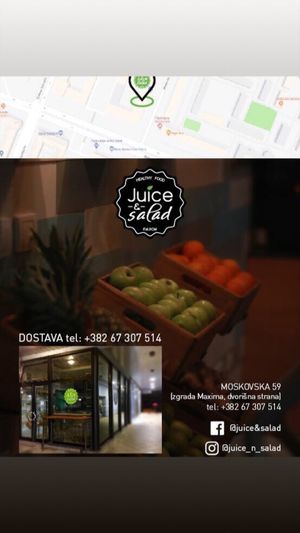 Adress and social media at Juice & Salad in Podgorica