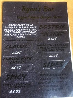 Vegan burger menu May 2019 at Ryan's Bar in Derby