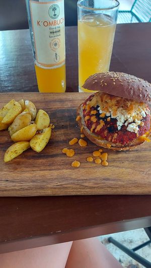Vegan burger at Peace & Bowl in Playa Del Carmen