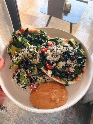 Pizza pitas  at Peace & Bowl in Playa Del Carmen