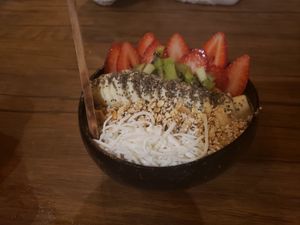 Yellow bowl at Peace & Bowl in Playa Del Carmen