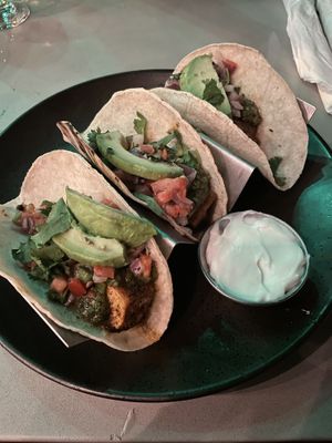 Blackened tofu tacos (vegan sour cream on side, I passed on the vegan cheese)  at Moondog in Key West