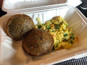 Vegan cornbread and scrambled “egg”. So yummy! at Coffee & Cornbread in Belleville
