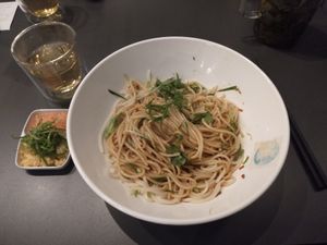 Crispy shallot noodles with sweet soy sauce - ginger vinegar and extra garlic on the side at BamBamBoo in Perth