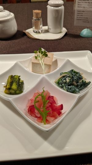 Everything was very flavorful! Tofu, asparagus, kelp, and I can't recall what the red ingredient was but it was good! at Natural House Pumpkin in Hakuba