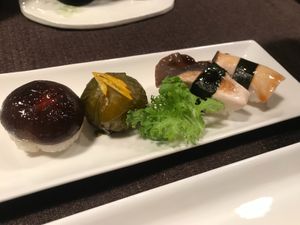 Amazing raw mushroom sushi at Natural House Pumpkin in Hakuba