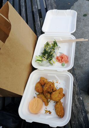 Cucumber & avocado sushi with dill mayo on top and avocado fries with spicy mayo at Rull in Tallinn