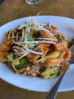Vegetable pad Thai, medium spicy. Added tofu  at Thai Cuisine in Key West