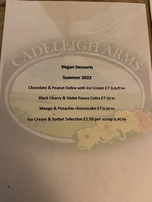 Vegan dessert menu  at The Cadeleigh Arms in Tiverton