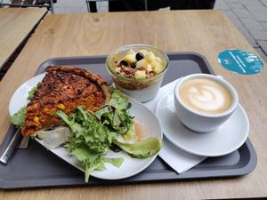 A quiche, tapioca pudding and cappuccino at Le Café Potager in Strasbourg