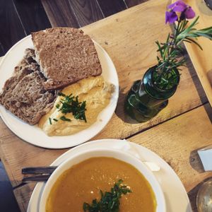 Humus & Bread (upper left) / Carrot soup  at The Happy Pear in Greystones