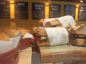 Sourdough baguette and bean burger at The Happy Pear in Greystones