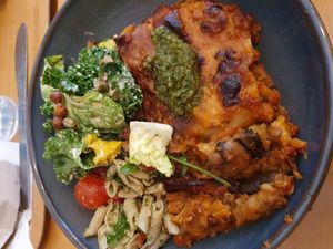 Lasagne and 2 sides at The Happy Pear in Greystones