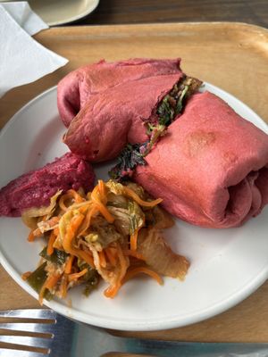 Falafel wrap with beet hummus. Added kimchi    at The Happy Pear in Greystones